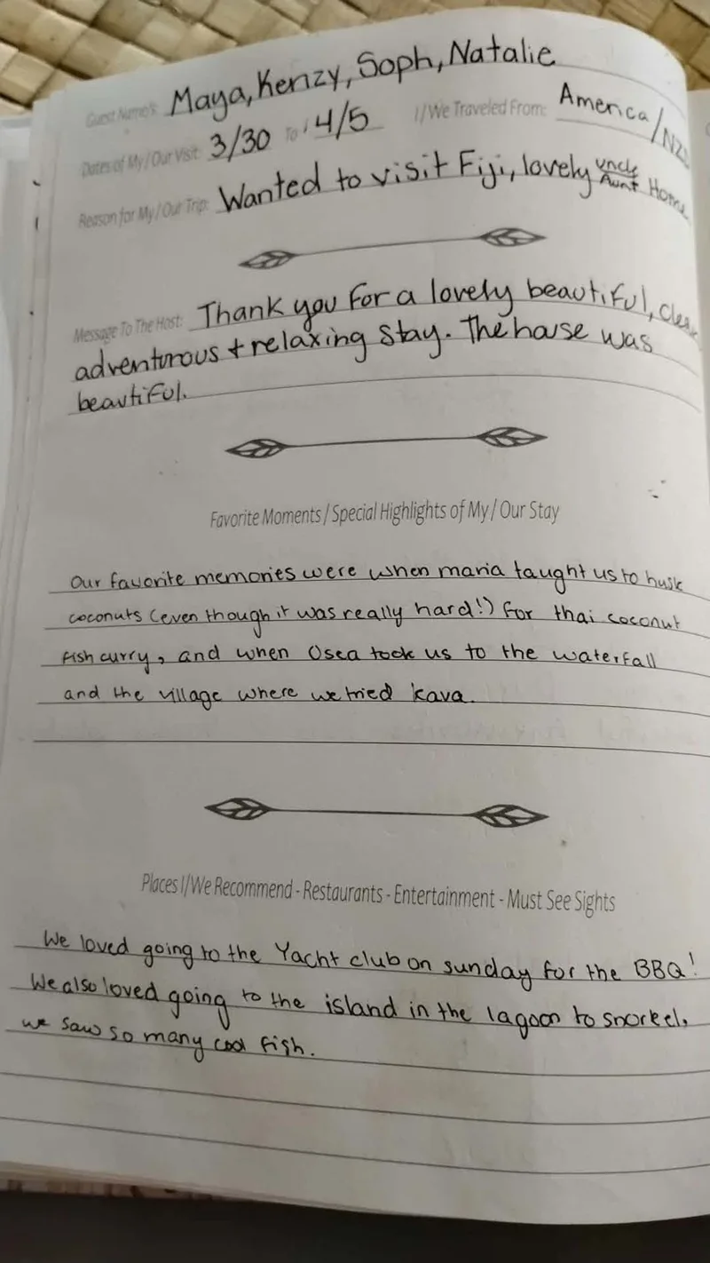 Handwritten guest book page