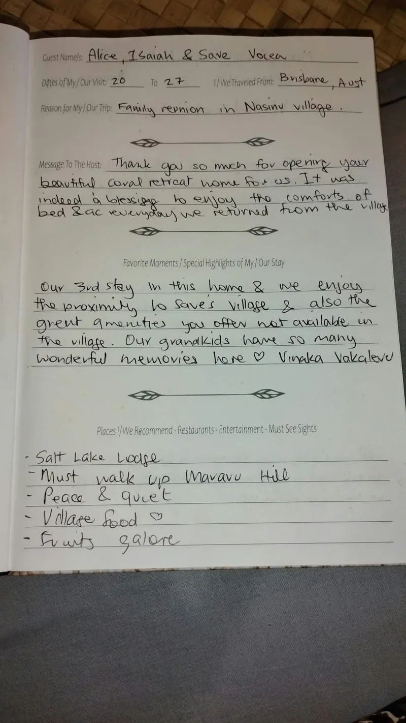 Handwritten guest book page